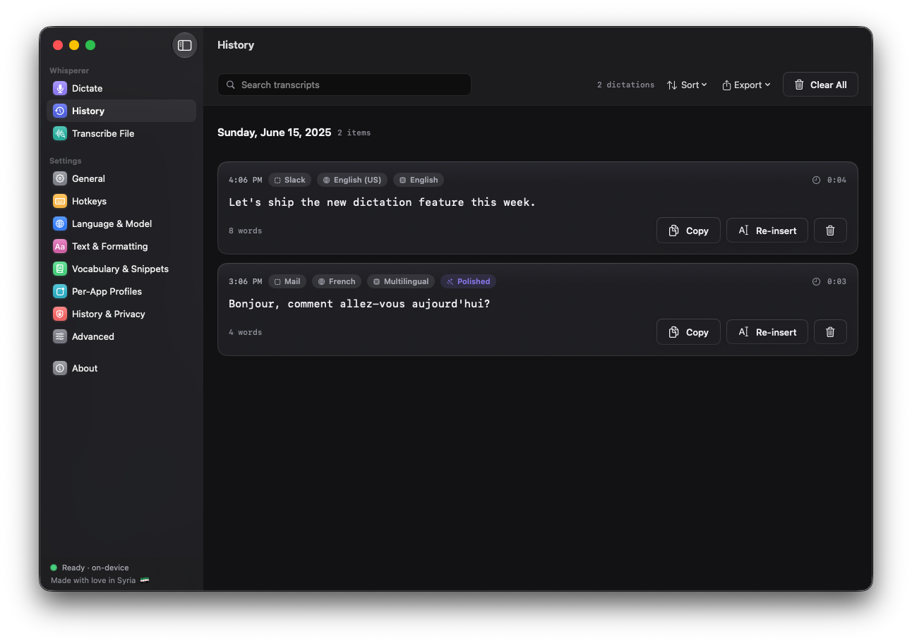 Whisperer's History: past dictations stored locally, with search and export.